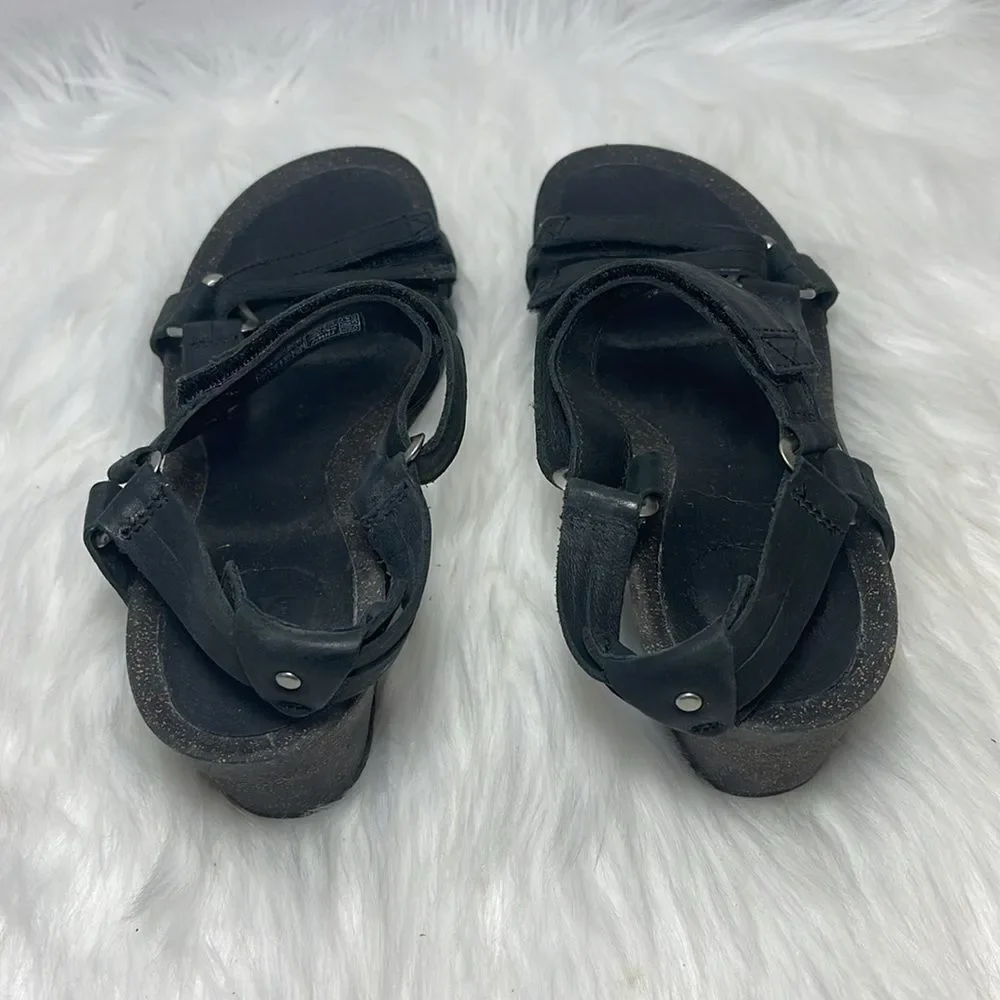 Teva Ysidro Black Leather Wedge‎ Strappy Sandals Sz 8